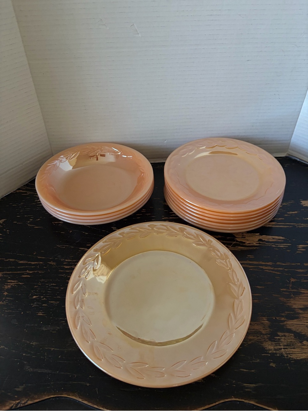 Set of Vintage Fire King Peach Lustre Laurel Leaf bowls and plates